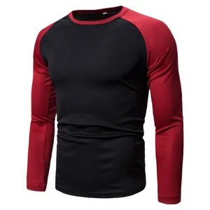 Men's casual long sleeve raglan T-shirt color block black and red crew neck top