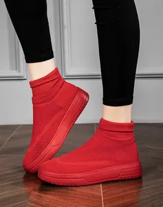 Close-up of red breathable flying woven sock sneakers with comfortable thick sole