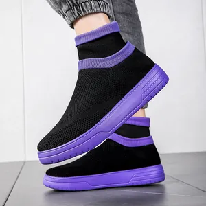 Men Women Breathable Fly Knit Sock Sneakers High Top Slip On Board Shoes Casual Mesh Couple Walking Shoes Sporty Footwear
