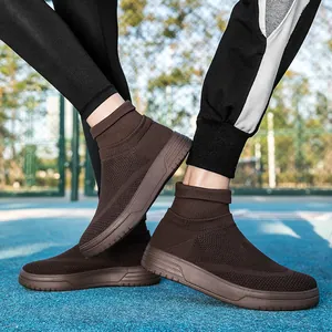 Brown breathable knit sneakers for men and women, stylish sock shoe design on blue court