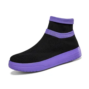 Breathable black fly-knit sock sneakers with purple thick sole for men and women