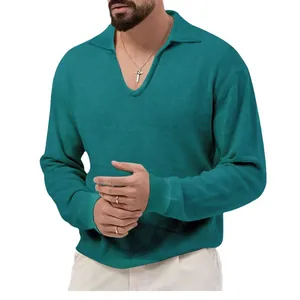 Elegantes blaugrünes Waffelstrick-Langarm-Poloshirt für Herren mit Johnny-Kragen
