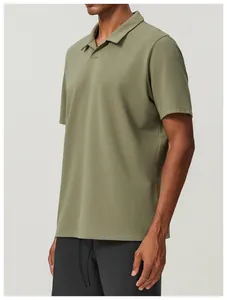 Detailed side view of an olive green breathable cotton polo shirt for golf and tennis