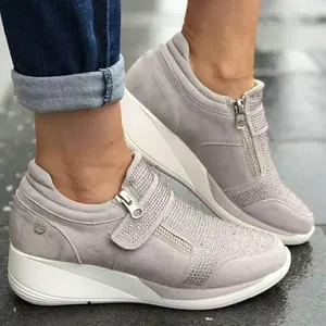 Fashionable women's grey wedge sneakers with rhinestone embellishments and Velcro strap