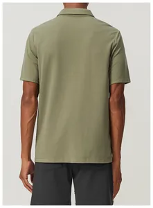 Back view of a breathable men's olive green sports polo shirt in a relaxed fit.