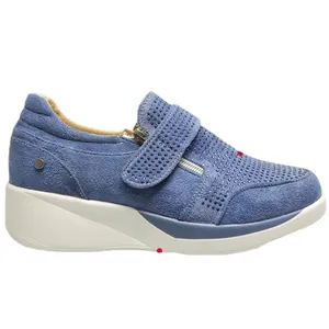 Stylish blue suede wedge sneakers for women featuring rhinestone accents and velcro strap