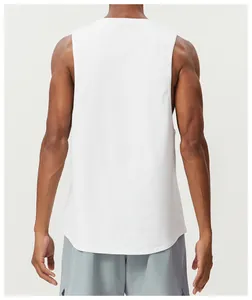 Detailed back view of a breathable white cotton sports tank top on an athletic male model.