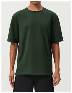 Front view of a minimalist dark green breathable cotton sports T-shirt for men