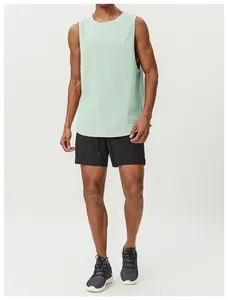 Detailed view of a men's mint green breathable moisture-wicking running sports tank top