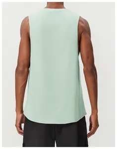 Back view of a breathable light green men's athletic tank top for fitness and gym training