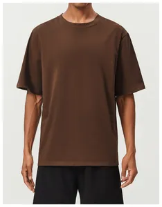 Close-up of a men's brown breathable cotton short-sleeve sports t-shirt for fitness