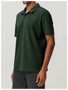 Side detail view of a men's dark green breathable cotton sports Polo shirt for golf
