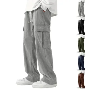 Pantaloni Cargo da Uomo in Velluto a Coste High Street Gamba Larga Dritta Coulisse Multitasche Pantaloni Casual Tinta Unita Retrò