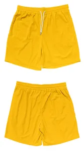 Detailed front and back views of men's heavyweight yellow corduroy drawstring cargo shorts