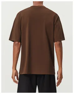 Back view of a plain brown cotton sports T-shirt for men with a relaxed fit