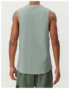 Detailed back view of a breathable sage green cotton sports tank top for men's gym