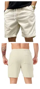 Detailed front and back views of men's vintage beige corduroy casual summer shorts
