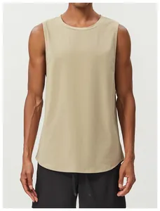 Detailed view of a khaki breathable sports tank top for running and basketball