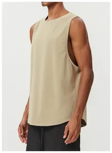 Side view detail of a breathable men's khaki sports tank top with a moisture-wicking finish.