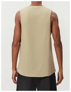Detailed back view of a breathable khaki cotton sports tank top featuring a stylish curved hem