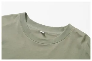 Close-up detail of reinforced crew neckline on men's olive green cotton athletic t-shirt