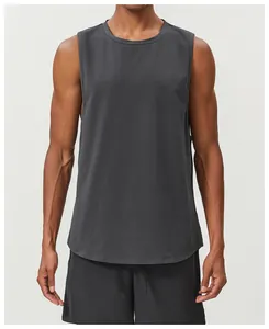Detail view of men's charcoal cotton sports tank top for running and gym workouts