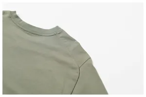Detailed close-up of a sage green cotton t-shirt neckline and shoulder stitching details.