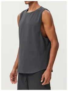 Side detail view of a men's dark grey breathable moisture-wicking gym muscle tank top