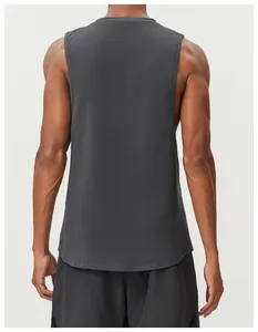 Back view detail of a men's moisture-wicking dark grey cotton sports running tank top