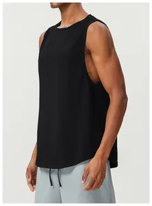 Side view detail of a black breathable cotton sports tank top on a male model