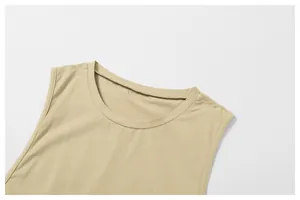 Close-up of the clean round neckline on a beige cotton moisture-wicking athletic tank top