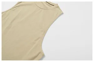 Close-up detail of the neckline and armhole stitching on a beige cotton sports tank top.