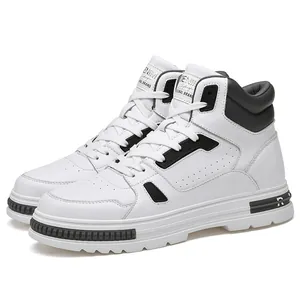 White high-top casual sneakers for men with 8cm platform height increase
