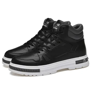 Men's black high-top boots with 8cm height-increasing thick white soles for casual wear