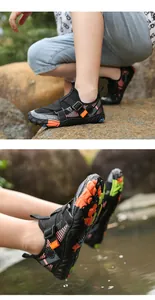 Detail showing non-slip colorful rubber sole and breathable mesh of the water shoes