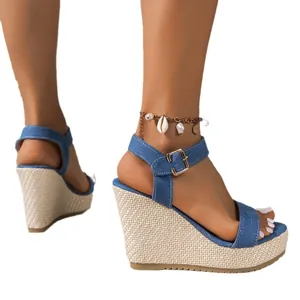 Eleganti sandali con zeppa in denim da donna con plateau alto e cinturino regolabile