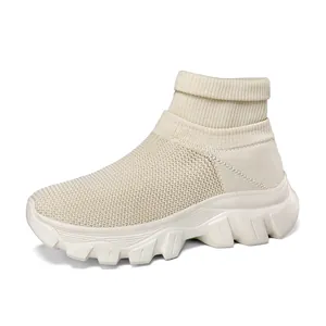 Baskets montantes chaussettes en maille beige respirantes avec semelle crantée antidérapante