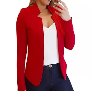 Detailed view of a red open-front blazer for women with a sharp collar design