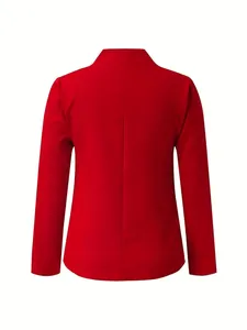 Back view of a classic red women's blazer in a professional solid color design