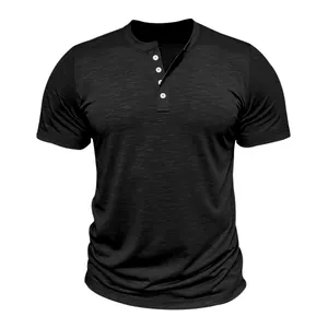 Close-up of black men's short-sleeved Henley shirt with distinct slub fabric texture.