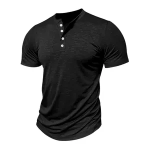 Detailed close-up of a men's black slub cotton Henley T-shirt with white buttons