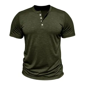 Close-up of olive green slub fabric texture on a men's casual short sleeve Henley shirt
