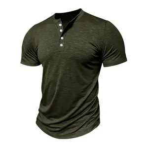 Close-up of olive green men's Henley shirt showing slub cotton texture and buttons.
