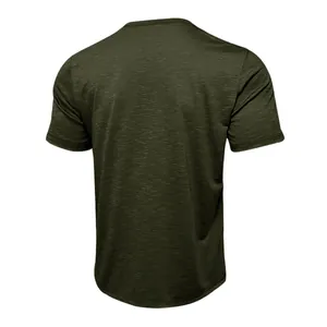 Detailed back view of a men's casual olive green slub cotton short sleeve T-shirt