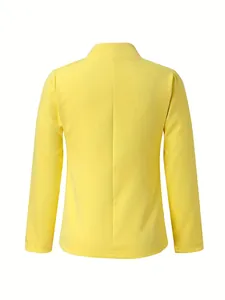 Detailed back view of a vibrant lemon yellow solid color women's fitted blazer jacket