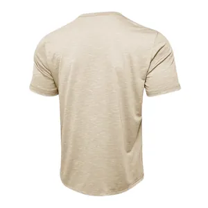 Back view of a beige men's slub cotton short sleeve T-shirt with a textured finish