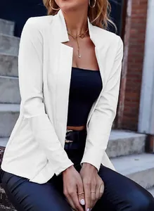 Detailed view showing the crisp lapel and slim-fit cut of a white open-front blazer jacket