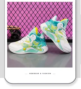 Detaillierte Seitenansicht der cyanfarbenen und gelben Basketballschuhe für Kinder, Nr. 23