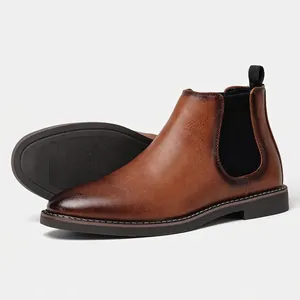 Men's British style Chelsea boots in vintage rubbed brown leather with elastic side panels