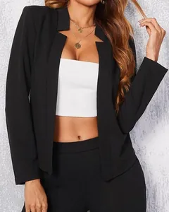Close-up of a professional black open-front blazer with sharp lapels and a slim fit.